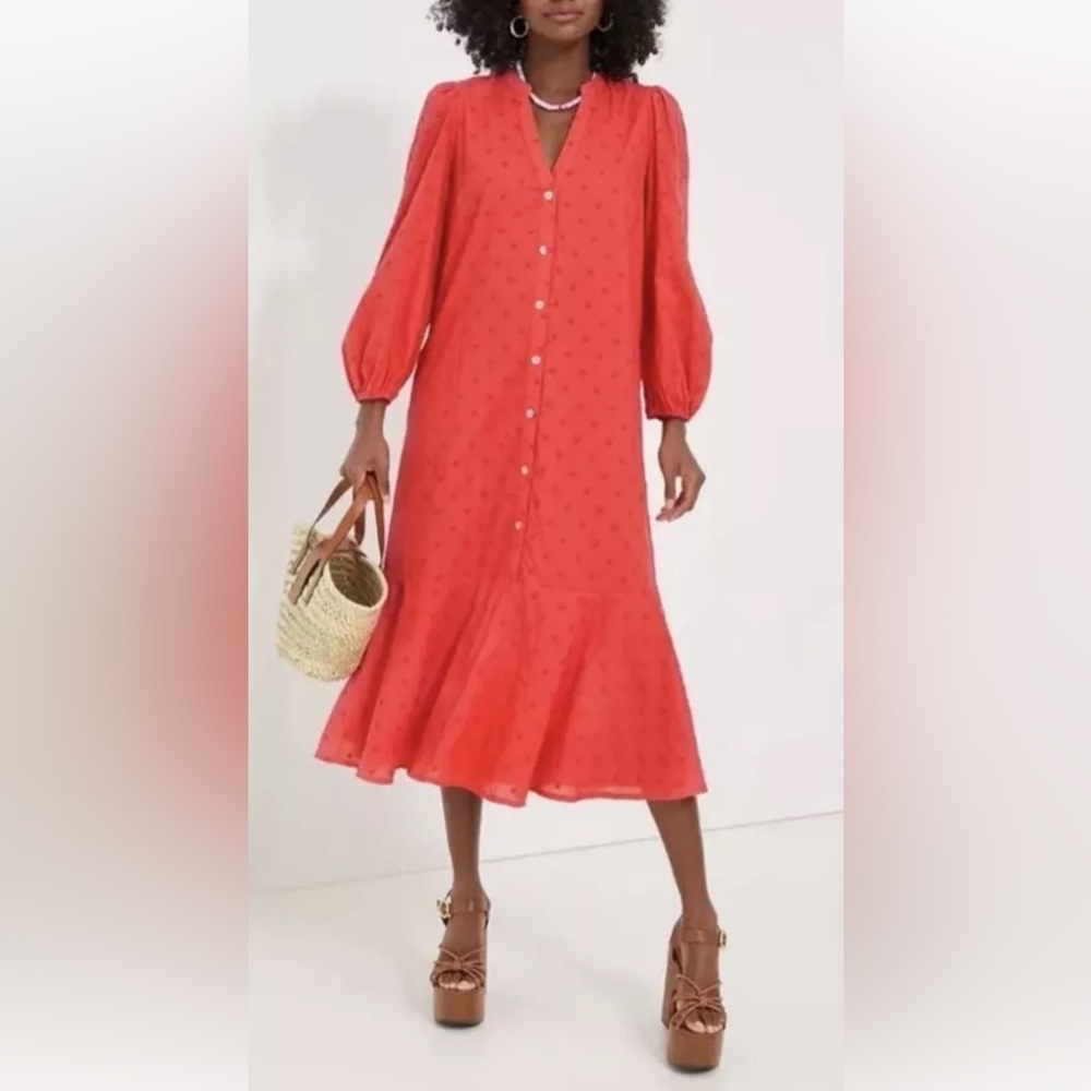 Pomander Place Tuckernuck Rosso Red Leila Midi Dress Cotton Swiss Dot Size XL